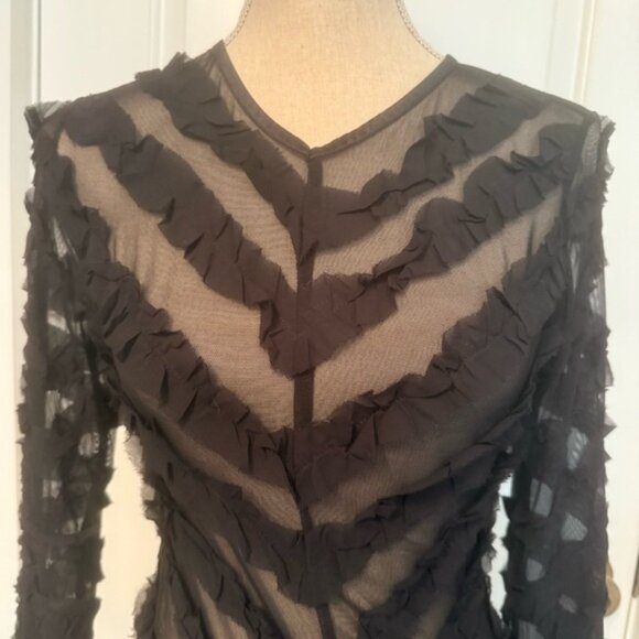 FLORA NIKROOS NEW Black Ruffled Sheer Top blouse tee long sleeve Size S USA - Picture 2 of 10